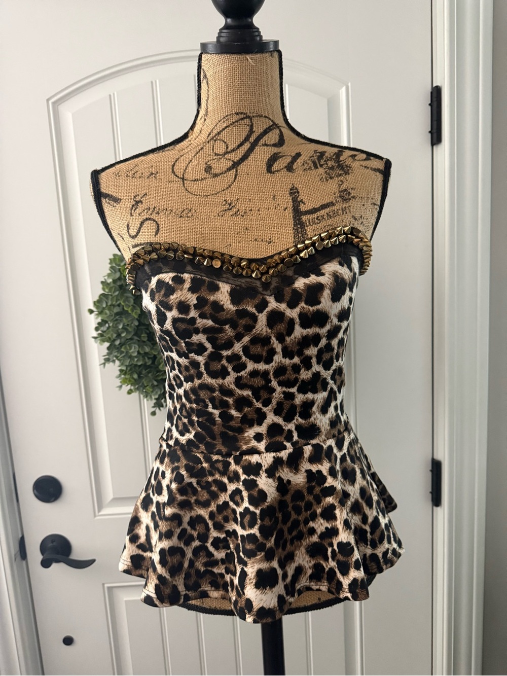 Charlotte Russe Leopard Print Strapless Peplum Top with Gold Stud Trim
